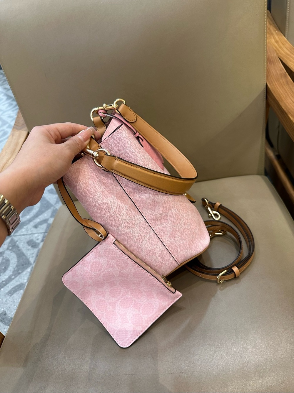 Coach Pink Pebble Leather Drawstring Bucket Bag with Tan Trim and Floral Charm - Picture 7 of 9